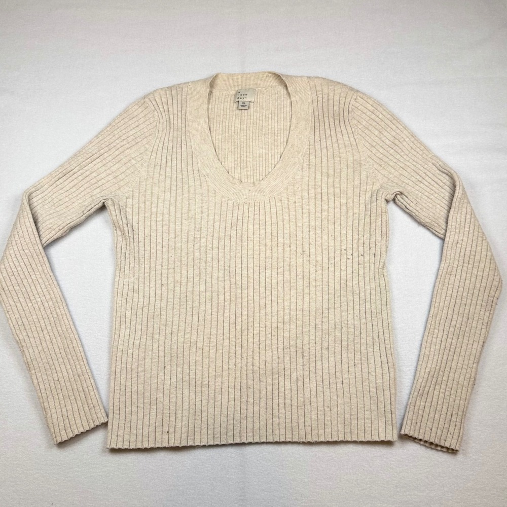 A New Day Womens XL Beige Ribbed Knit Scoop Neck Long Sleeve Sweater Oatmeal